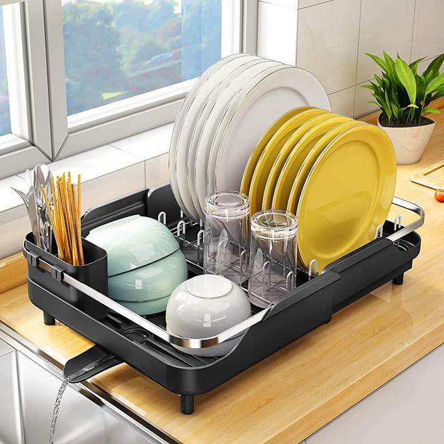 Dish Drying Rack, Stainless Steel Dish Rack and Drainaboard Set, Expandable(11.5"-19.3") Sink Dish Drainer with Cup Holder Utensil Holder for Kitchen Counter