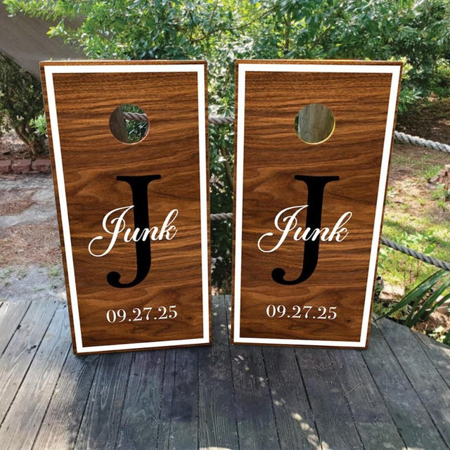 Personalized Wedding Cornhole Wraps: Rustic Wood Grain, Waterproof Vinyl