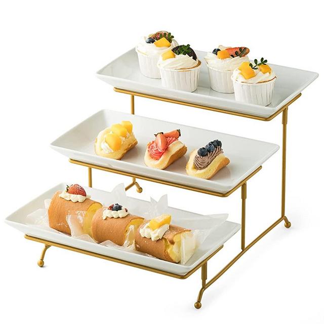 Gomakren 3 Tier Serving Stand with Porcelain Serving Platter Tray - Collapsible Gold Stand with 3 Piece Large14 Inch White Plates for Food Presentation Dessert Server Display and Entertaining