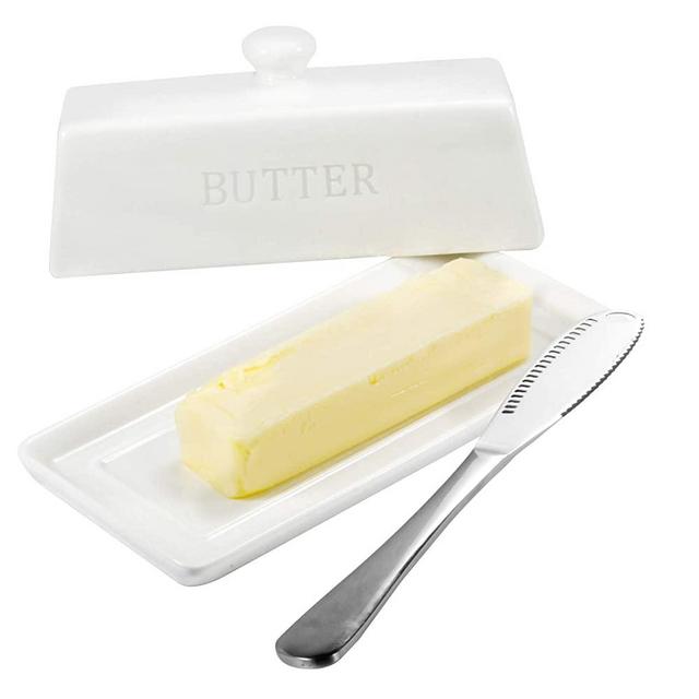 Butter Dish with Covers, OAMCEG Ceramic Porcelain Butter Dish with Lid Handle Knife Design, Large Butter Keeper Container, Butter Holder Perfect for East/West Coast Butter
