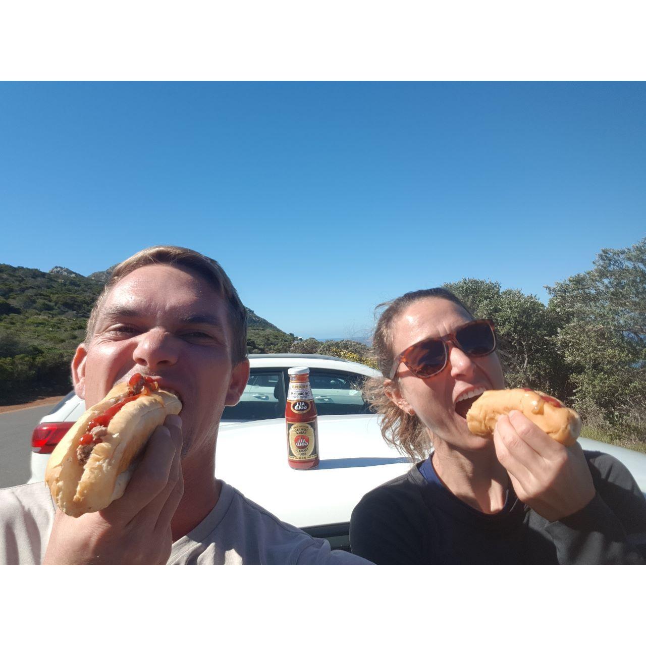 Eating Boerewors rolls inside Cape Point Nature Reserve