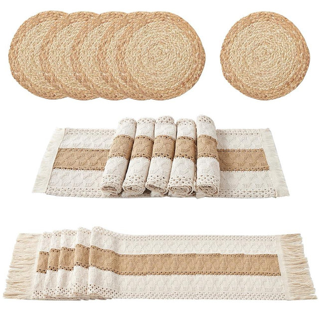 Denique Boho Placemats Set of 13 PCS - Handmade Grass Woven Meal Mats and Natural Cotton Linen Burlap, with 1 Macrame Burlap Table Runner 12x70inch, Table Mats Set for Dining Table Kitchen