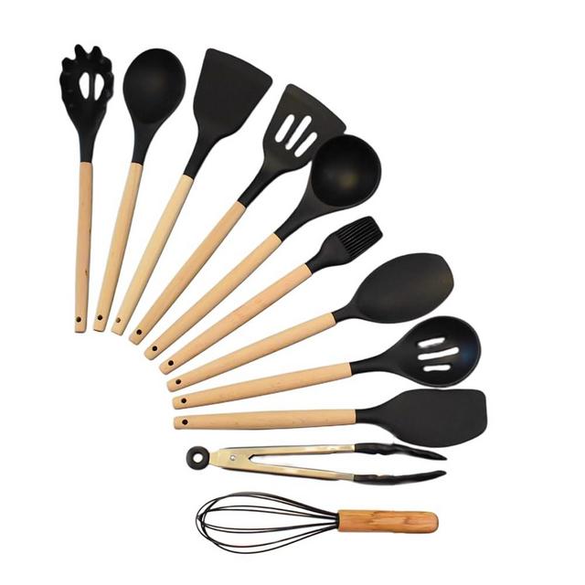 Kitchen Utensils Cookware Set, 12-piece BPA free Silicone with Wood Handle and Storage Container