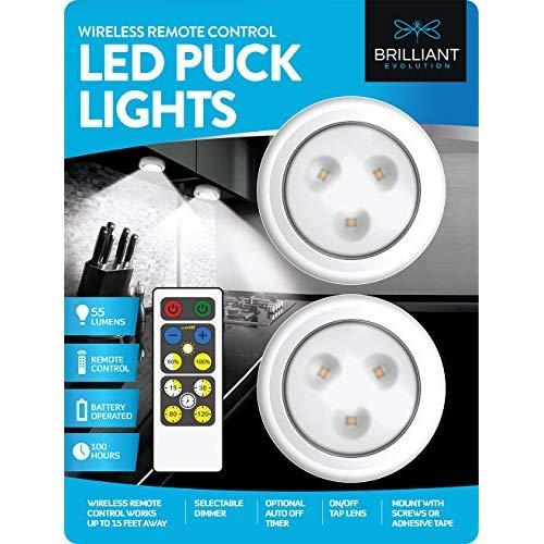 Brilliant Evolution Wireless Remote Control LED Puck Light 2 Pack | LED Under Cabinet Lighting | Closet Light | Battery Powered Lights | Under Counter Lighting | Stick On Lights