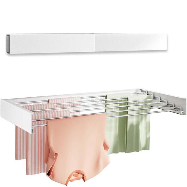 Vikaqi Wall Mounted Clothes Drying Rack 40 inches, Foldable Wall Mount Laundry Drying Rack Folding Indoor, Drying Rack Clothing Collapsible, Towel Drying Rack with Wall Template, 6 Rods, White