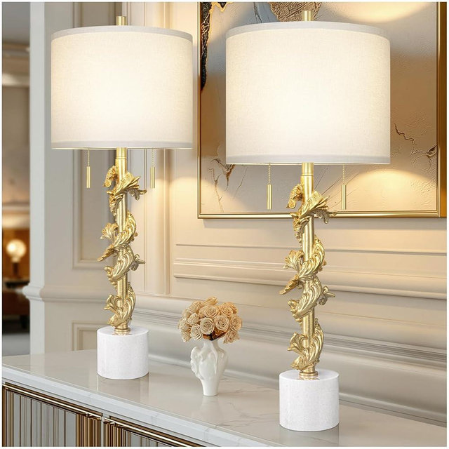 Sculptural Table Lamp Set of 2 for Living Room, 30" Tall Skinny End Table Lamps with 2 Pull Chains Switch, Gold Leaf Finish Vintage Farmhouse Bedside Lamps for Bedroom Nightstand, Marble Base Decor
