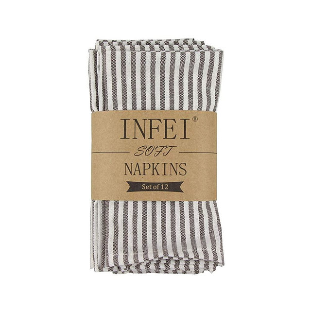 INFEI Soft Plain Striped Linen Cotton Dinner Cloth Napkins - Set of 12 (40 x 30 cm) - for Events & Home Use (Brown)