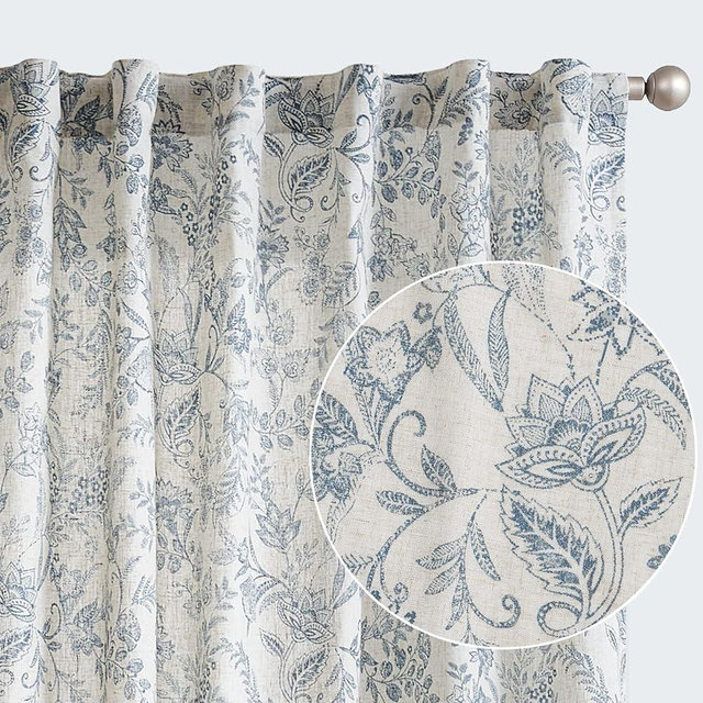 jinchan Floral Curtains Linen Curtains for Living Room Blue French Country Farmhouse Curtains 84 Inches Long Light Filtering Kitchen Window Back Tab Semi Sheer Curtains 2 Panels Blue on Beige