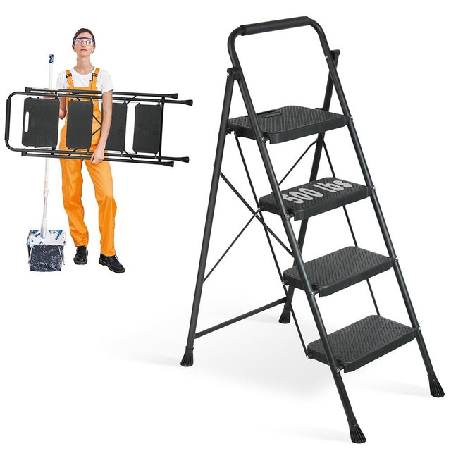 4 Step Ladder, Protable Steel Folding Stool with Wide Anti-Slip Pedal, 500lbs Sturdy Steel Ladder, Black