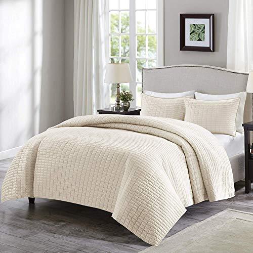 Comfort Spaces Kienna Quilt Coverlet Bedspread Ultra Soft Hypoallergenic All Season Lightweight Filling Stitched Bedding Set, King 104"x90", Ivory