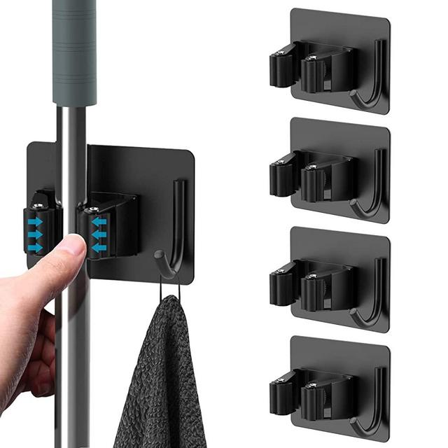 Mop Broom Holder No Drill, HOMEASY Mop Broom Organizer Wall Mounted Heavy Duty with Hooks Hanger, Self Adhesive Stainless Steel 4Pcs for Bathroom, Kitchen, Office (Black)