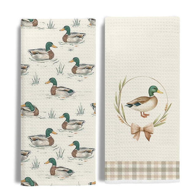 EKGJW Mallard Duck Kitchen Towels– Country Farmhouse Duck Decor Hand Towels, Beige Gingham Bow Tea Towels for Rustic Kitchen or Bathroom, 16x24 Inch Nature Bird Towel Set 2