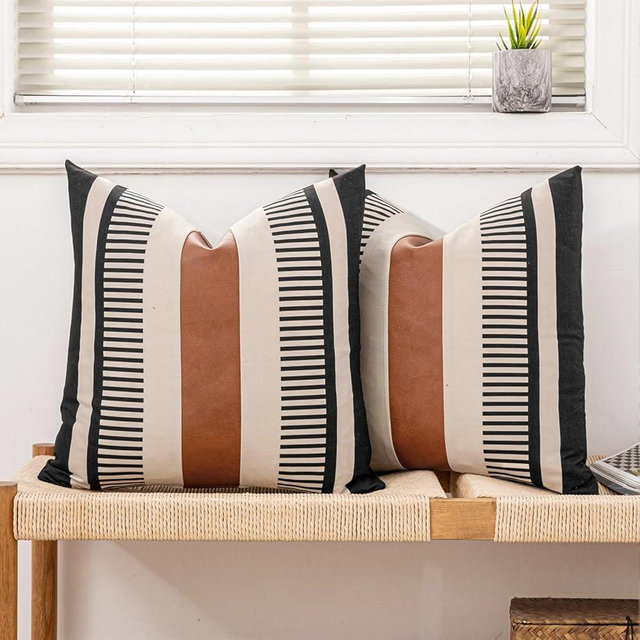 Vfuty Farmhouse Striped Pillow Cover 18x18 Boho Accent Cushion Case Faux Leather Decorative Pillowcase,Black and Beige (Cover ONLY, Pack of 2)