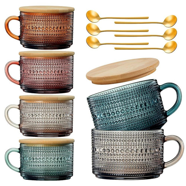 Vintage Glass Coffee Mugs Set With Handles, Spoons & Lid | Set of 6 | 15oz Hobnail Embossed With Bamboo Lids & Gold Spoons, Glassware Mug Unique Bubble Glasses - Cute Cups Coffee, Tea, Oats (Colored)
