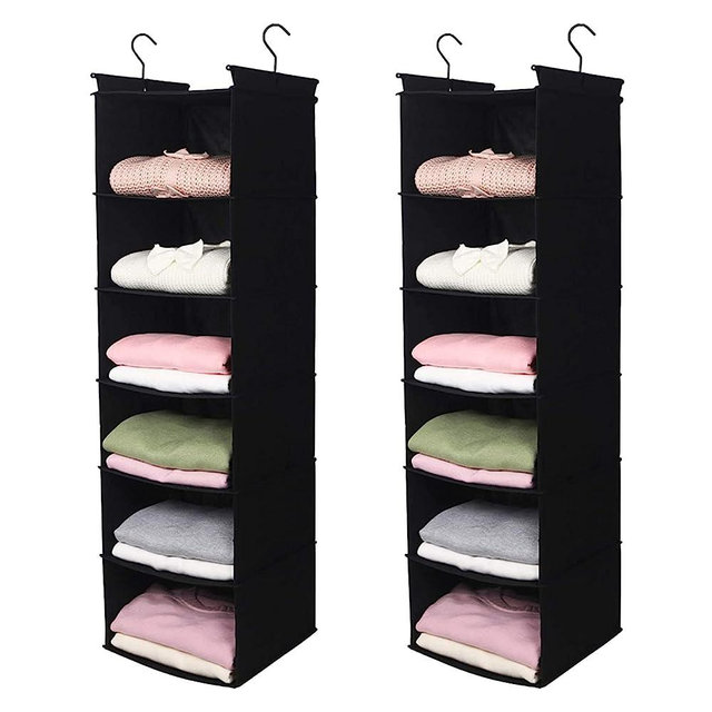 MAX Houser 6 Tier Shelf Hanging Closet Organizer, Closet Hanging Shelf with 2 Sturdy Hooks for Storage, 2 Pack, Foldable (Black)
