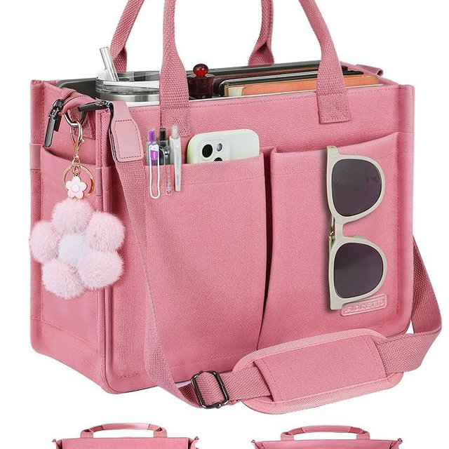 FIORETTO Womens Canvas Tote Bag Purse with Individual Compartment, Zipper Top, Reinforced Bottom & Luggage Sleeve
