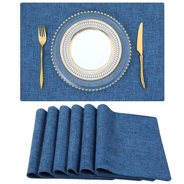 homing Navy Blue Cotton Linen Blend Placemats for Dining Table Set of 6 – Washable Farmhouse Kitchen Mats for Indoors & Outdoors - Easy to Clean 14 x 19 Inch