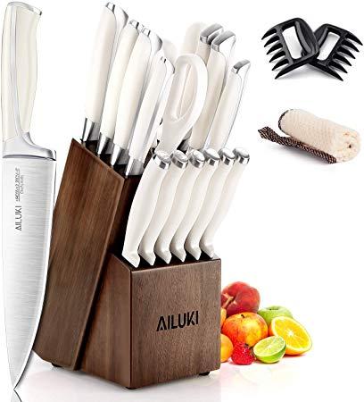 Knife Set, AILUKI 19 - Piece Kitchen Knife Set with Block Wooden and Sharpener, Professional High Carbon German Stainless Steel Chef Knife Set, Ultra Sharp Full Tang Forged White Knives Set