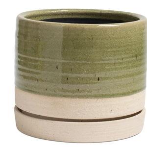 8 Inch Pots for Plants, Ceramic Planter Pot with Drainage Hole & Saucer, Indoor/Outdoor Cylinder Round Planter Pot, Green & Beige