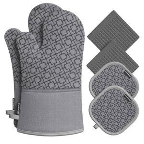Oven Mitts and Pot Holders Sets 6pcs, Kitchen Oven Glove,High Heat Resistant 550 Degree Extra Long Oven Mitts and Potholders with Non-Slip Silicone Surface for Home Essentials (Grey) (Gray)
