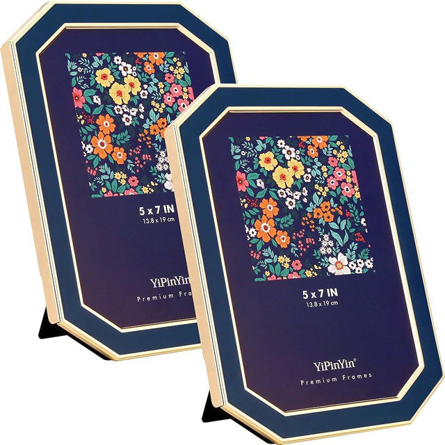 YiPinYin 5x7'' Navy Blue Enamel Picture Frames 2Pack with Gold Metal Plated Edge - HD-Tempered Glass & Velvet Back, Octagon Shape,Tabletop & Wall Mount