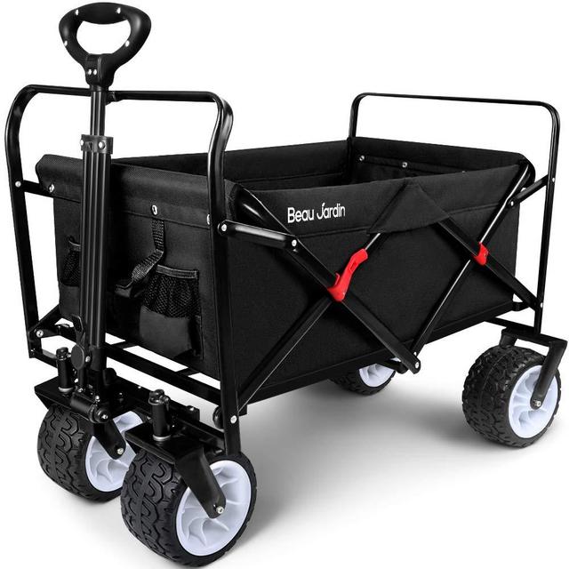 BEAU JARDIN Folding Wagon Cart 300 Pound Capacity Collapsible Utility Camping Grocery Canvas Portable Rolling Lightweight Buggies Outdoor Garden Sports Heavy Duty Shopping Wide All Terrain Wheel Black