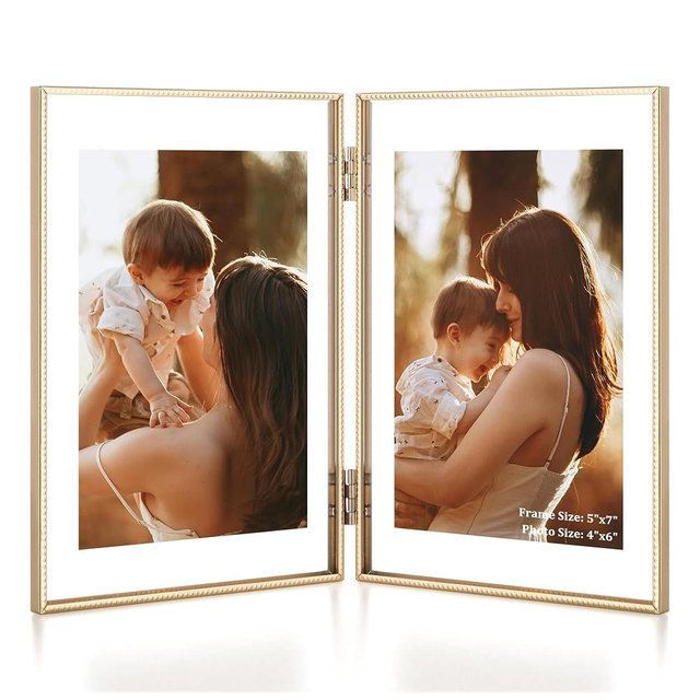RICHFOCUS 5x7 Double Floating Picture Frame, Floating Display for 3.5x5 4x6, Hinged Folding Beaded Metal Picture Frames with Real Glass, Tabletop Photo Frame for Multiple Size, for Home Decor, Gold