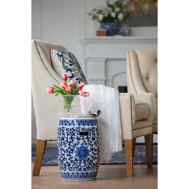 Blue and White Asian Style Stool Indoor Outdoor Multi Purpose Versatile Design Sturdy Glazed Porcelain Finish 11" x 11" x 16"