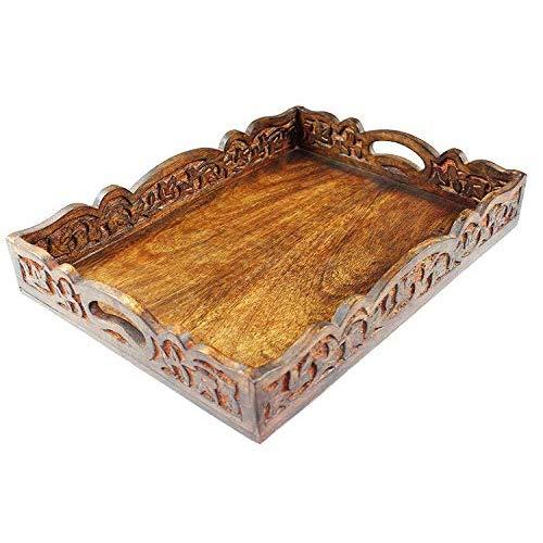 Cotton Craft - Wooden Decorative Serving Tray - Natural finish - Size: 17.5 x 13 x 2.5 Inches - Intricate detail with hand carving creates a truly unique furnishing accent