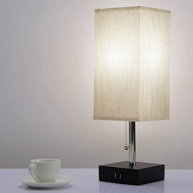 Bedside Table Lamp - Soilsiu Bedroom Lamp with 2 USB Ports Solid Wood Nightstand Lamps with Gray Fabric Shade Ambient Light for Living Room, Kids Room, Dorm, Office (LED Bulb Included)