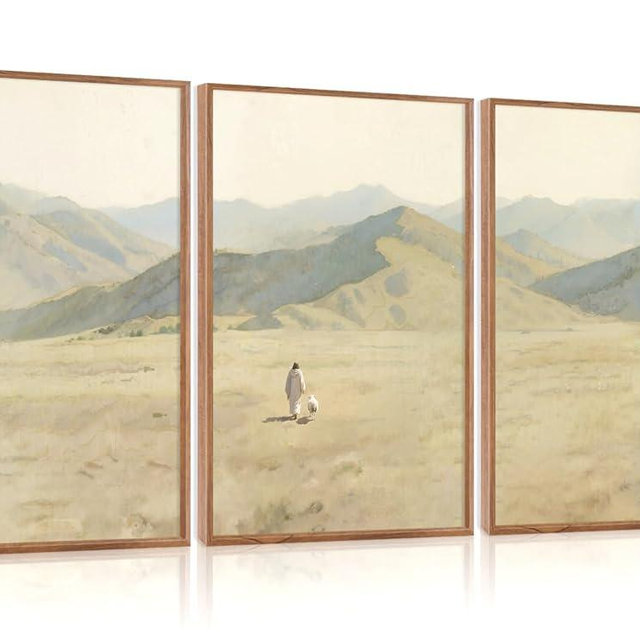 CHDITB Jesus Leaves The 99 Parable of The Lost Sheep Framed Canvas Wall Art(16"x24"), 3 Panels Boho Mountain Nature Landscape Artwork Prints, Large Religious Christian Bible Story Faith LDS Gift Decor for Home Office Bedroom