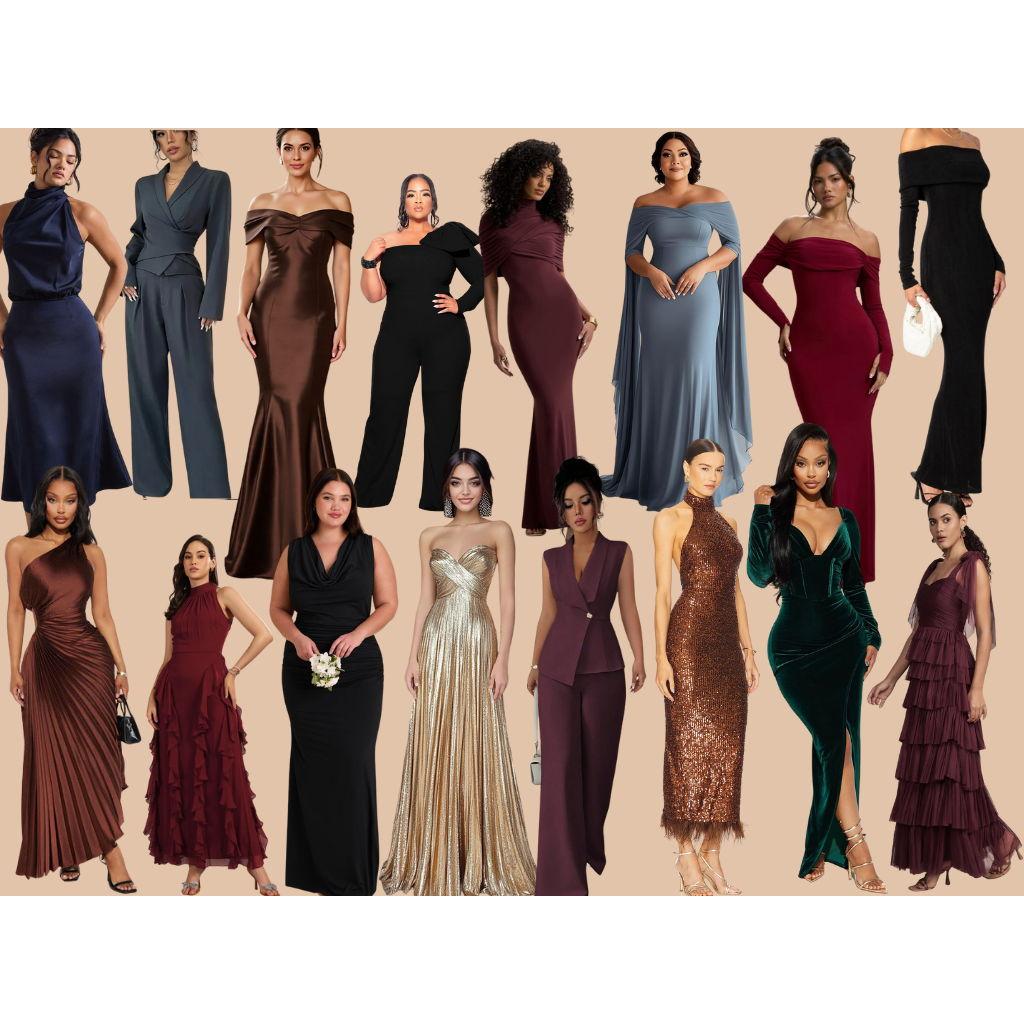 Choose gowns or cocktail dresses in jewel shades like hunter green, burgundy, plum, navy, amethyst, or rich mauve. Velvet, satin, or chiffon add winter romance; wraps or jewelry finish the look.