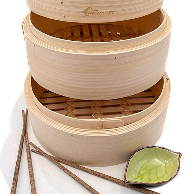 Premium 10 Inch Handmade Bamboo Steamer - Two Tier EXTRA DEPTH Baskets - Dim Sum Dumpling & Bao Bun Chinese Food Steamers - Steam Baskets For Rice, Vegetables, Meat & Fish Included 2 Sets Chopsticks, 20 Liners & Sauce Dish