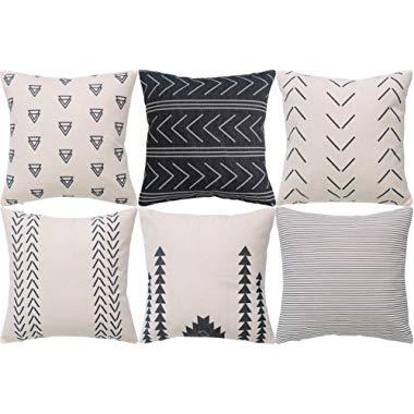DEZENE Throw Pillow Covers for Couch,6 Pack,Natural Linen Look Fabric,Modern Geometric Patterns,Decorative Sofa Square Cushion Pillow-Cases,18 x 18 inch,Black