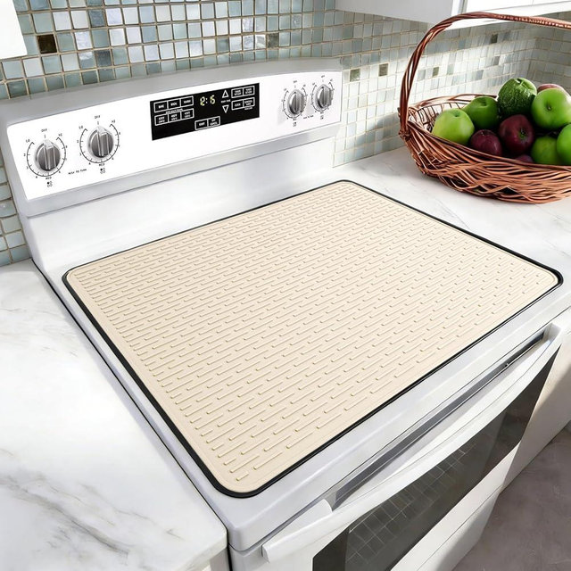 LONGKING 30" x 21" Stove Top Cover for Electric Stove - Silicone Stove Mat for Glass Top Stove, Glass Cooktop Protector, Dish Drying Mats For Kitchen, Range Covers for Electric Stove, Beige