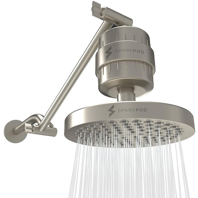 SparkPod 6" High Pressure Rain Shower Head with 23 Stage Filter Capsule & 11 Inch Adjustable Shower Arm Extension - Shower Filter Reduces Chlorine for Smoother Hair & Skin (Round, Brushed Nickel)