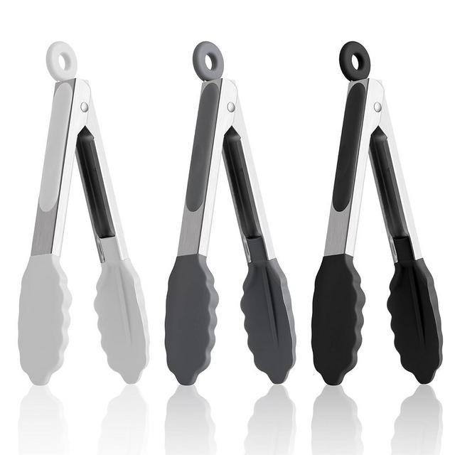 7 Inch Mini Tongs, Pack of 3 Short Small Silicone Tongs, Stainless Steel Tongs with Silicone Tips for Cooking, Barbecue, Buffet Serving (7", Black/Grey/White)