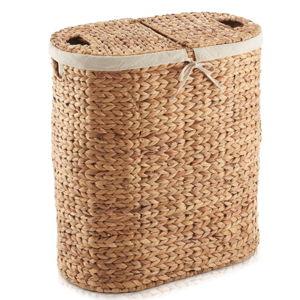 Casafield Oval Laundry Hamper with Lids and Removable Liner Bags - Natural, Woven Water Hyacinth 2-Section Laundry Basket Sorter for Clothes and Towels