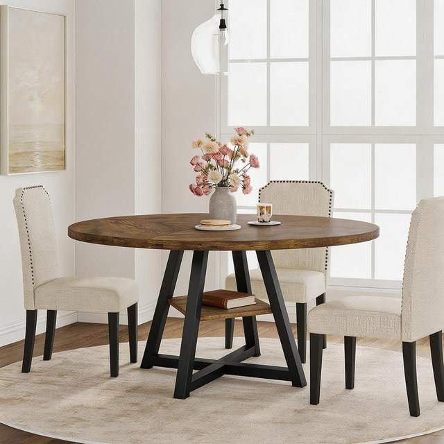 GarveeHome 47" Round Dining Table for 4-6 with Storage Shelf, Industrial Round Kitchen Table with Sturdy Metal Pedestal Base, Circle 4 Dinner Table for Dinner, Kitchen, Dining Room, Living Room