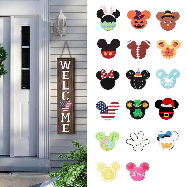 FUEMEILY 15.7'' Cute Mouse Seasonal Interchangeable Home Sign for Front Porch,18pcs Interchangeable Hanging Vertical Welcome Door Sign for Farmhouse/Wall/Porch Decor and Housewarming Gift