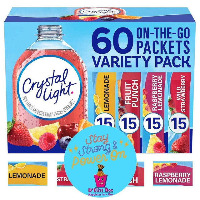 Crystal Light Sugar-Free, Lemonade, Fruit Punch, Raspberry Lemonade and Wild Strawberry On-The-Go Powdered Drink Singles Mix Variety Pack, 60 Count, Each Packet Dissolves into any 16.9 oz. container and comes with a Bonus Inspirational Magnet by D'Elite Box