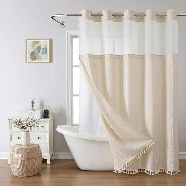 eachope No Hook Boho Farmhouse Shower Curtain with Snap-in Liner,Linen Rustic Heavy Duty Striped Fabric Shower Curtain Set with Tassel,Hotel Style Cloth Shower Curtains for Bathroom,Cream/Beige,71x74