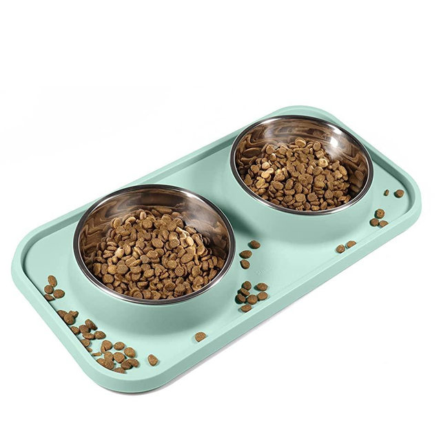 L.D.Dog Cat Food Bowls, Cat Bowls Non-Skid and Non-Spill Silicone Mats with Stand, Removable Stainless Steel Food and Water Dishes for Cats, Small Size Dogs