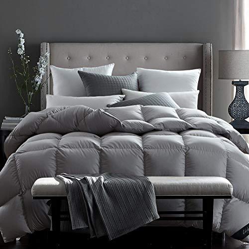 Globon Fusion White Goose Down Comforter Queen Size, 50 Ounce, 600 Fill Power, All Cotton 300 Thread Count Shell, Hypoallergenic, With Corner Tabs, Winter, Grey, XJMY-B17011