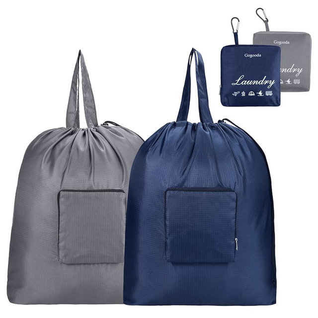 GOGOODA Travel Laundry Bags with Drawstring Closure XL Large Foldable Dirty Clothes bags with Handle Heavy Duty and Washable for College Dorm Travelling Camping, 2 Pack, Dark Blue & Grey