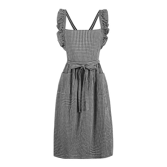 SeedBySea Vintage Gingham Apron for Women, Ruffle Straps, 2 Pockets, Soft Cotton, Apron Dress Style for Cooking & Baking