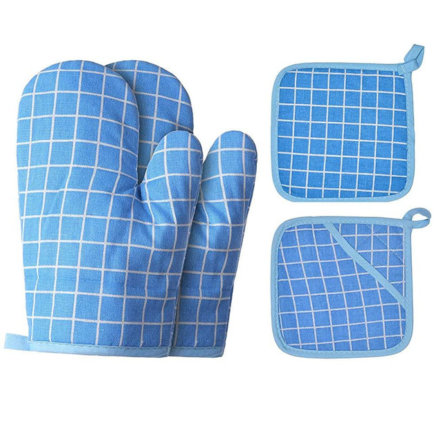 Win Change Oven Mitts and Potholders BBQ Gloves-Oven Mitts and Pot Holders with Recycled Cotton Infill Silicone Non-Slip Cooking Gloves for Cooking Baking Grilling (4-Piece Set,Blue)