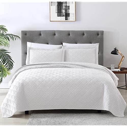 EXQ Home Quilt Set Twin Size White 2 Piece,Lightweight Microfiber Coverlet Modern Style Squares Pattern Bedspread Set