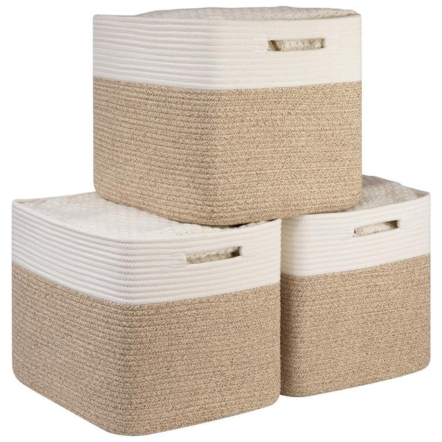 OIAHOMY 13 Inch Cube Storage Bins, 3-Pack Cotton Rope Woven Baskets for Organizing, Insert Storage Baskets for Shelves, Baby Nursery, Closet Organizer, 15 * 13 * 12.6IN, Brown & White