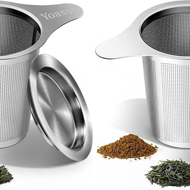 Yoassi Extra Fine 18/8 Stainless Steel Tea Infuser Mesh Strainer with Large Capacity & Perfect Size Double Handles for Hanging on Teapots, Mugs, Cups to Steep Loose Leaf Tea and Coffee (Pack of 2)